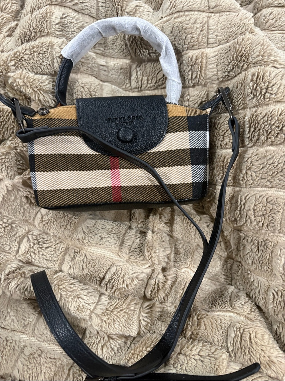 Mini Top-Handle Plaid Crossbody Bag in Beige, Black and Red